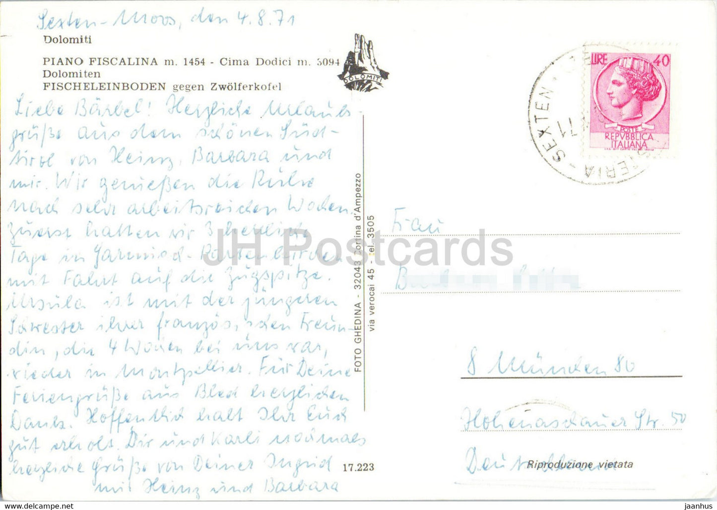 Dolomiti - Piano Fiscalina 1454 m - Cima Dodici 3094 m - Fischeleinboden - Zwolferkofel - 1971 - Italy - used