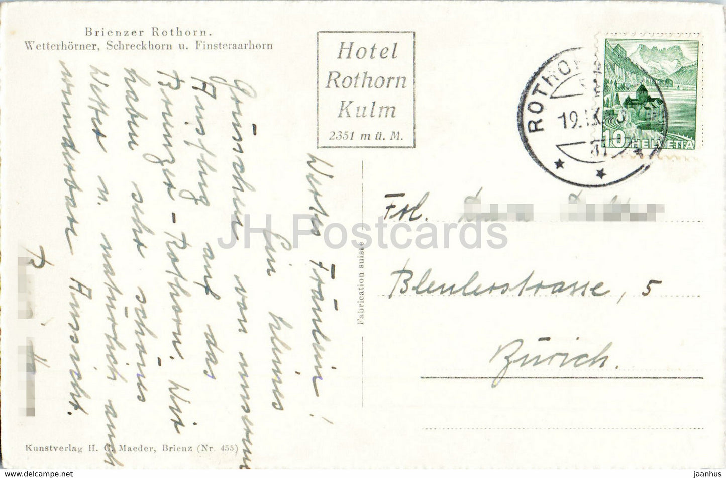 Brienzer - Rothorn Wetterhorner - Schreckhorn - Finsteraarhorn - hotel Rothorn Kulm - old postcard - Switzerland - used