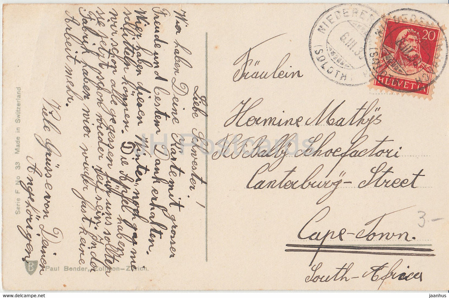 Red White Carnation - flowers - Paul Bender - old postcard - 1930 - Switzerland - used