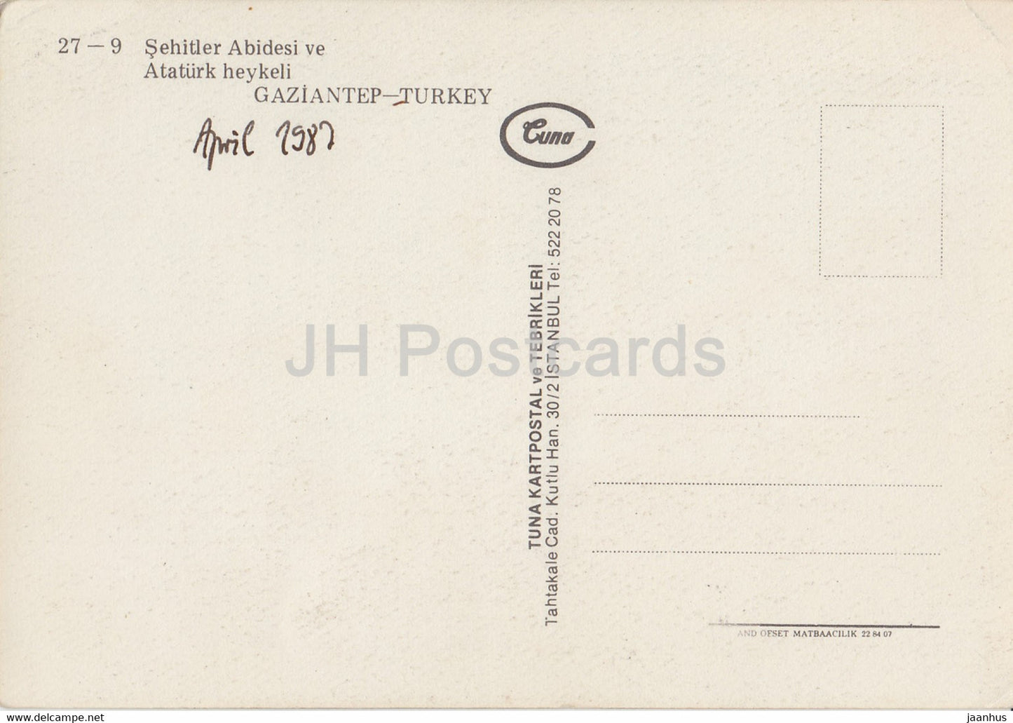 Gaziantep - Monument des Martyrs - Statue d'Atatürk - 1987 - Turquie - d'occasion