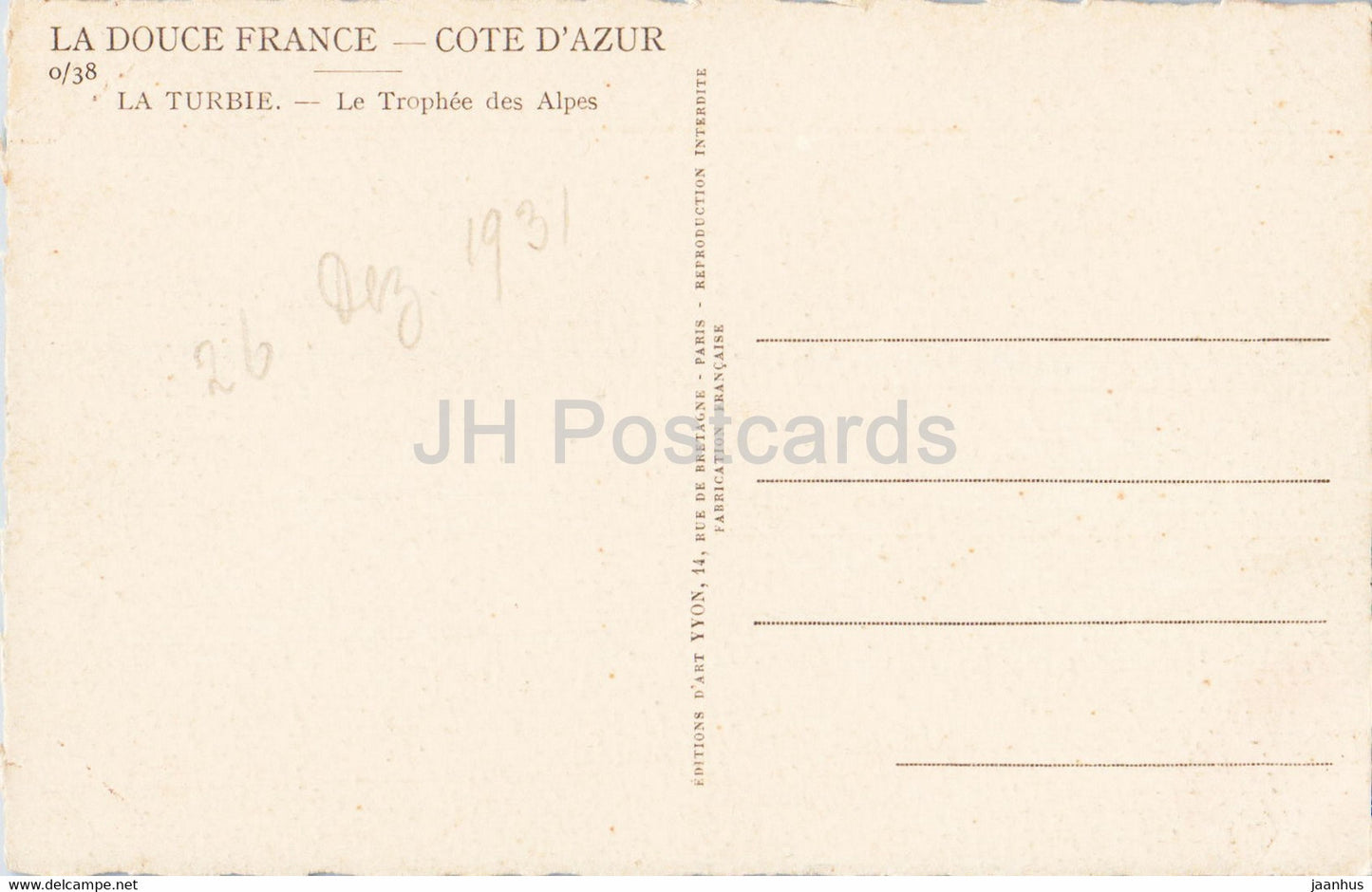 La Turbie - Le Trophee des Alpes - La Douce Frankreich - Côte d'Azur - alte Postkarte - 1931 - Frankreich - gebraucht