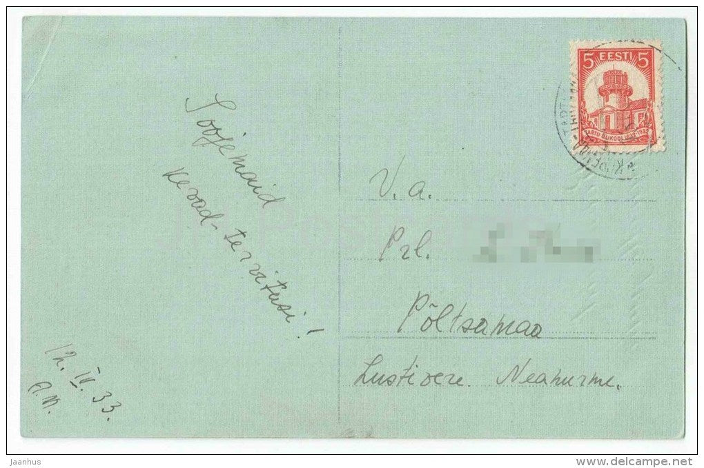 Easter Greeting Card - bell - catkins - circulated in Estonia 1933 - JH Postcards