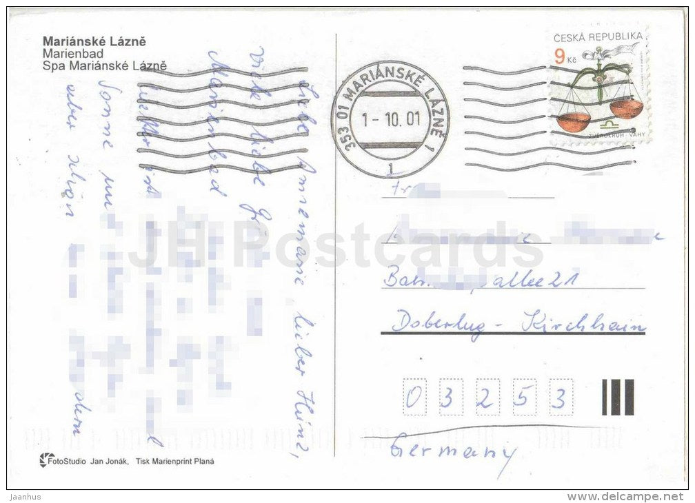 Marianske Lazne - Marienbad - spa - town views - Czech Republic - used 2001 - JH Postcards