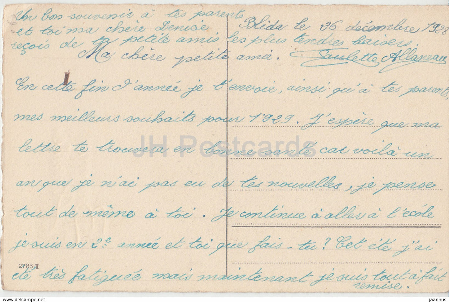 Birthday Greeting Card - Bonne Annee - yellow and blue flowers - 2783 - illustration - old postcard - 1928 France - used