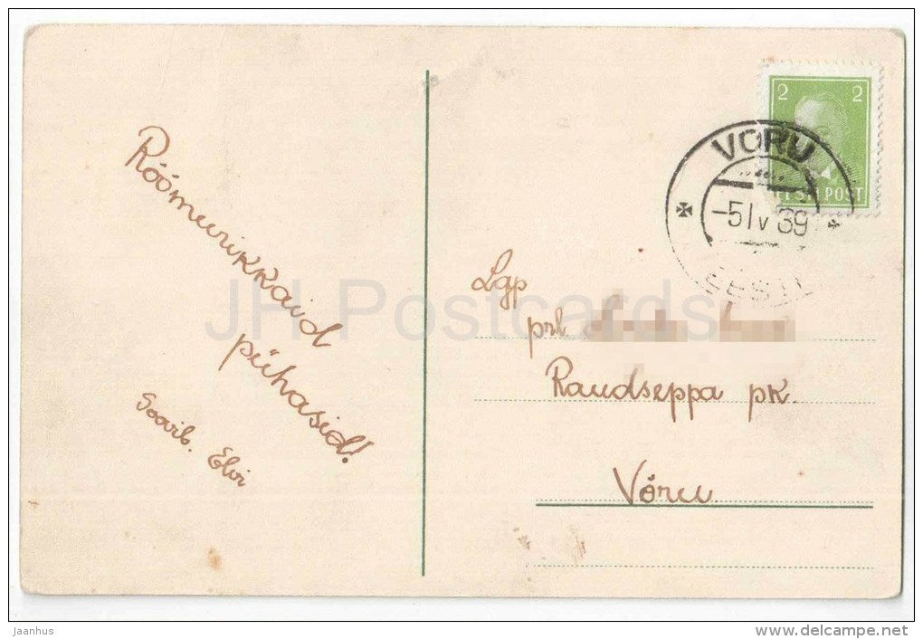 Easter Greeting Card - bells - sheep - lamb - birch trees - circulated in Estonia Võru 1939 - JH Postcards