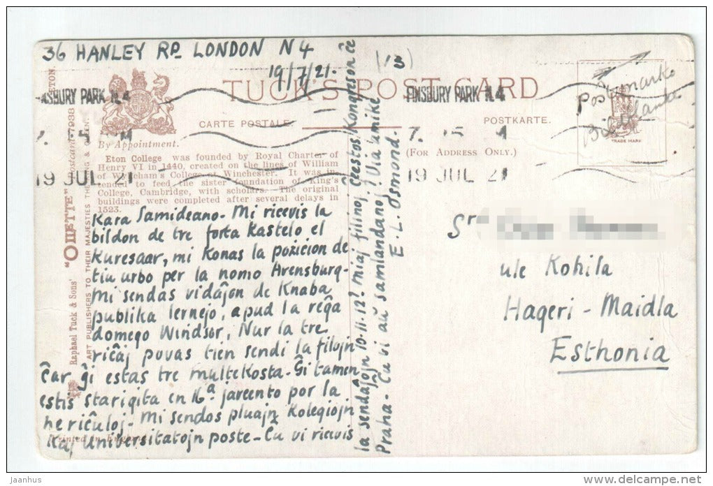 Eton College by Charles E. Flower - England - UK - old postcard - sent to Estonia 1921 - used - JH Postcards