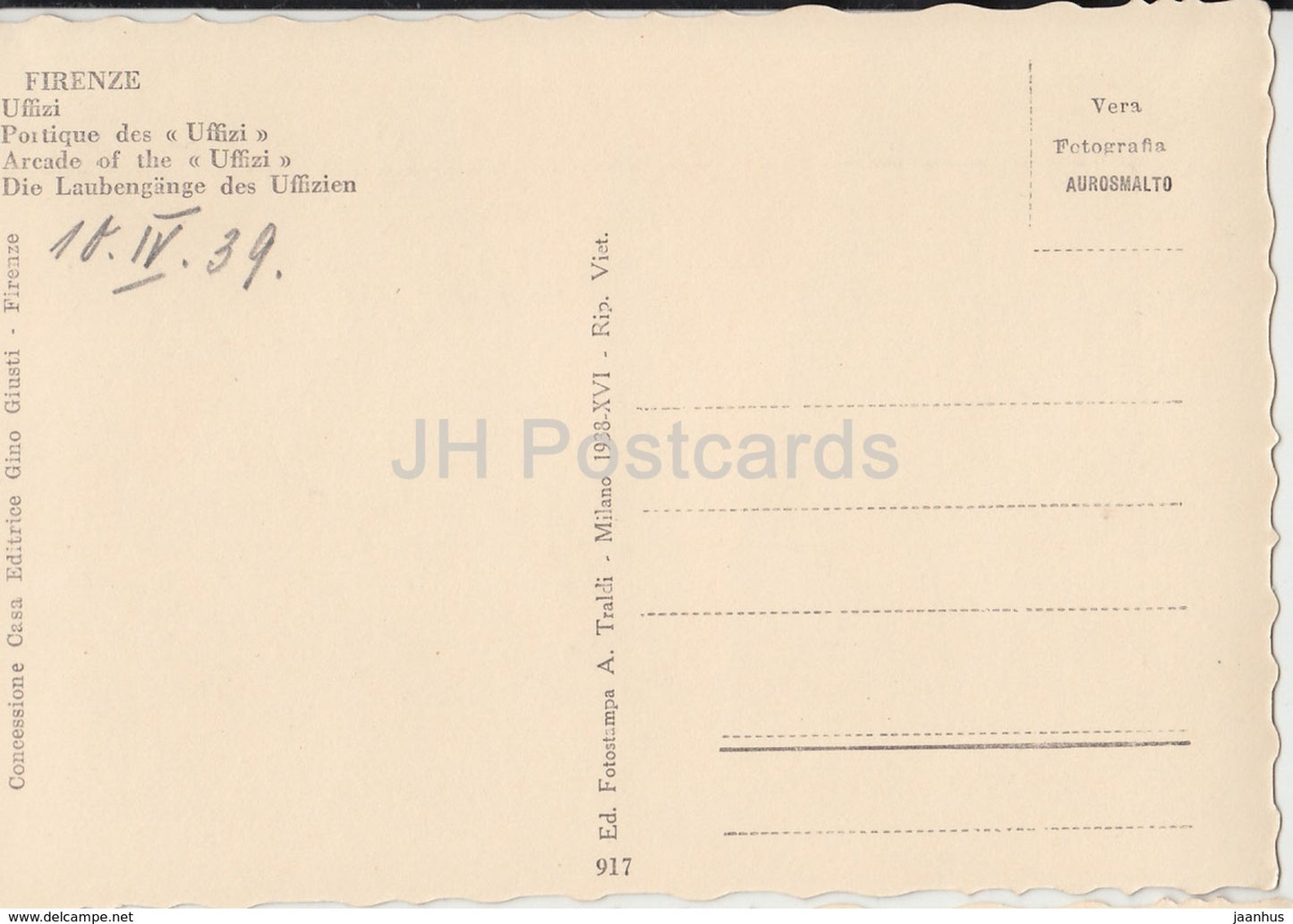 Firenze - Florence - Arcade des Offices - 917 - 1939 - carte postale ancienne - Italie - utilisé