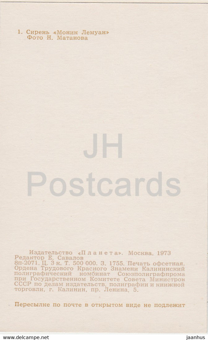 Monique Lemoine - Lilac - Flowers - 1973 - Russia USSR - unused