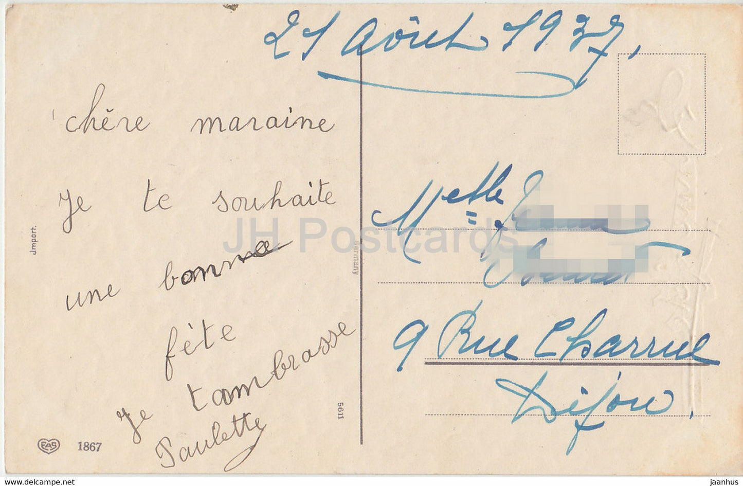 Birthday Greeting Card - Bonne Fete - flowers - roses in a vase - EAS 1867 - illustration - old postcard - France - used