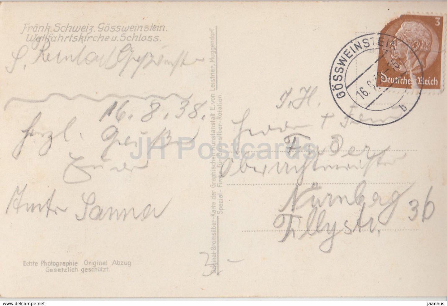 Frank Schweiz - Gossweinstein Wallfahrtskirche u Schloss - old postcard - 1938 - Germany - used