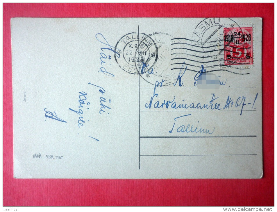 christmas greeting card - winter view - cones - church - HWB SER 1167 - circulated in Estonia Tallinn Käsmu 1928 - JH Postcards