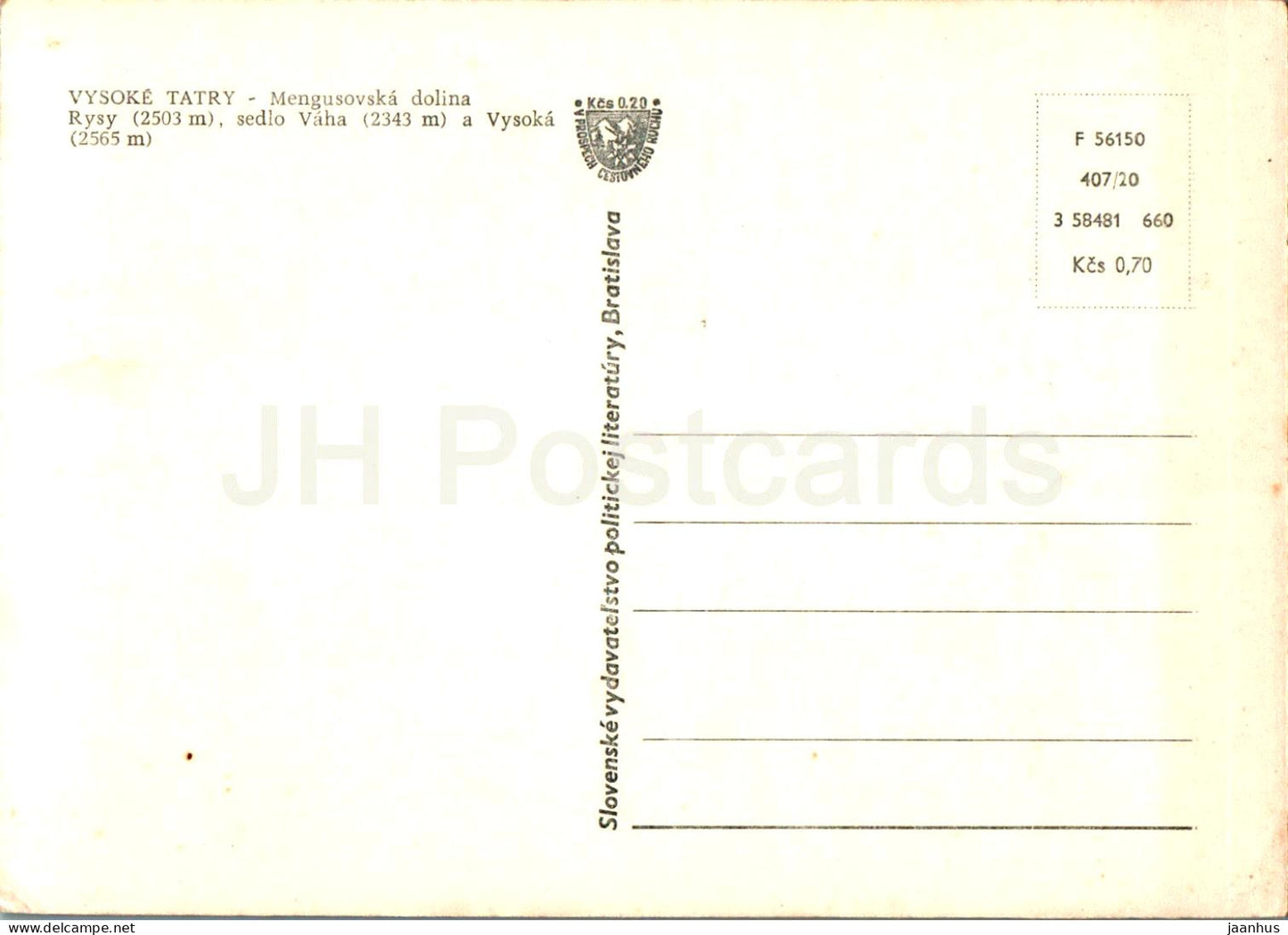 Vysoke Tatry - Mengusovska dolina - Rysy - sedlo Vaha - Vysoka - mountains - Slovakia - Czechoslovakia - unused