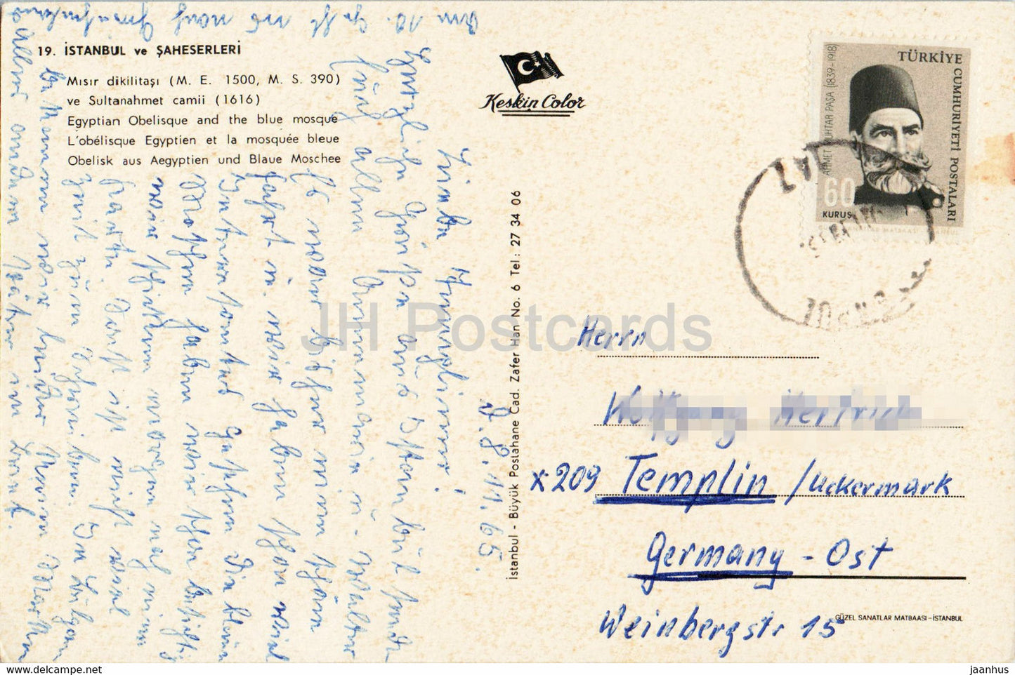 Istanbul – Ägyptischer Obelisk und die Blaue Moschee – 19 – Keskin – 1965 – Türkei – gebraucht