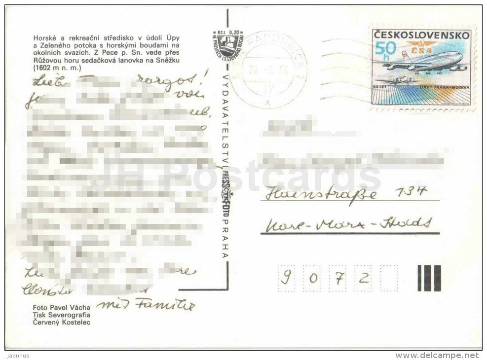 Krkonose - Pec pod Snezkou - mountain views - hotel Horisont - Czechoslovakia - Czech - used 1986 - JH Postcards