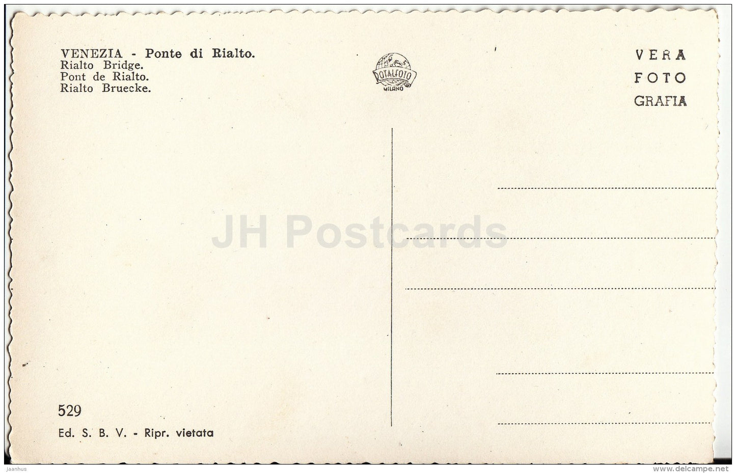 Rialto Bridge - gondola - Venice - Venezia - 529 - Italy - Italia - unused - JH Postcards