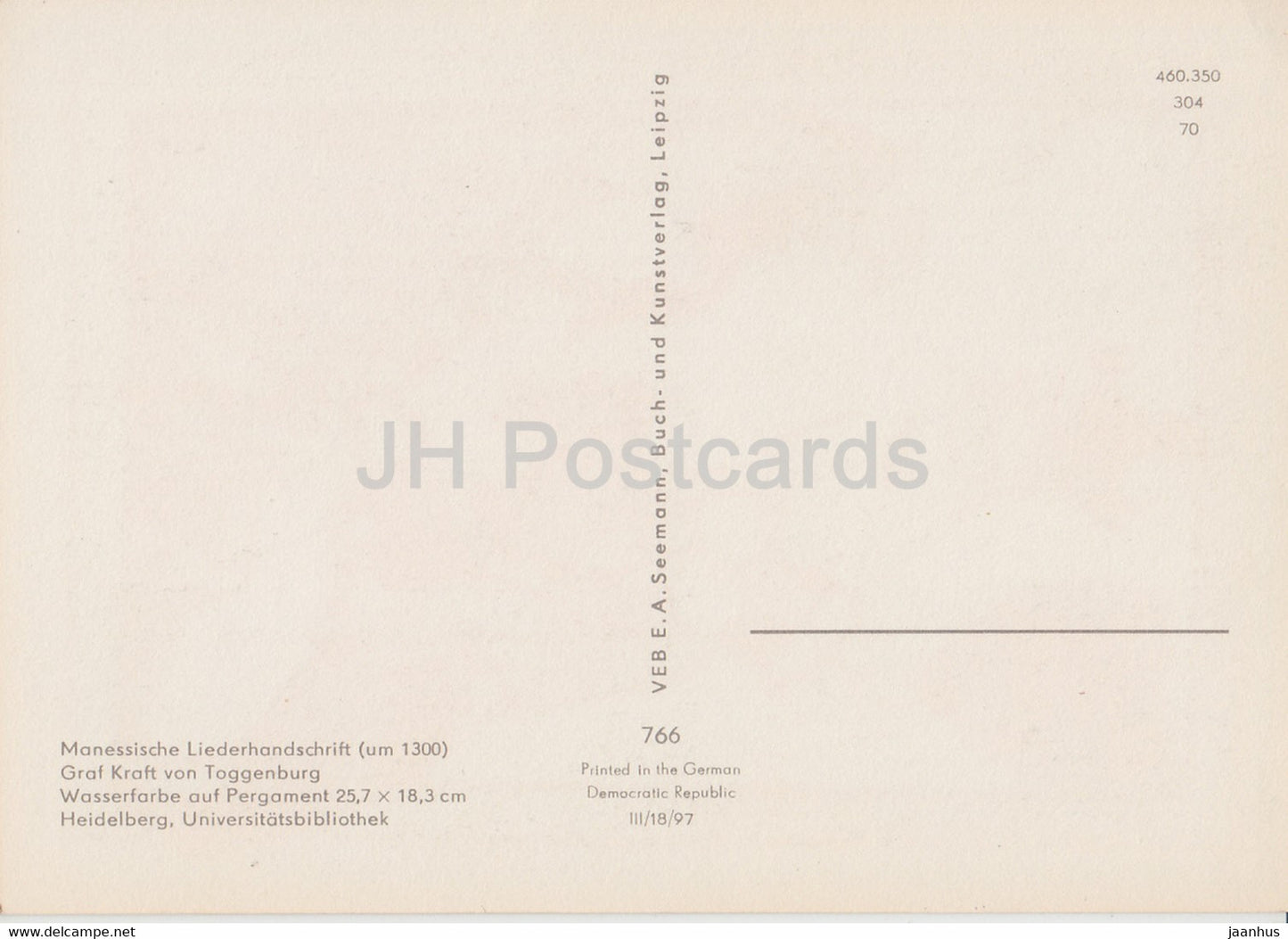 Manessische Liederhandschrift - Graf Kraft von Toggenburg - 766 - illustration - Allemagne DDR - inutilisé