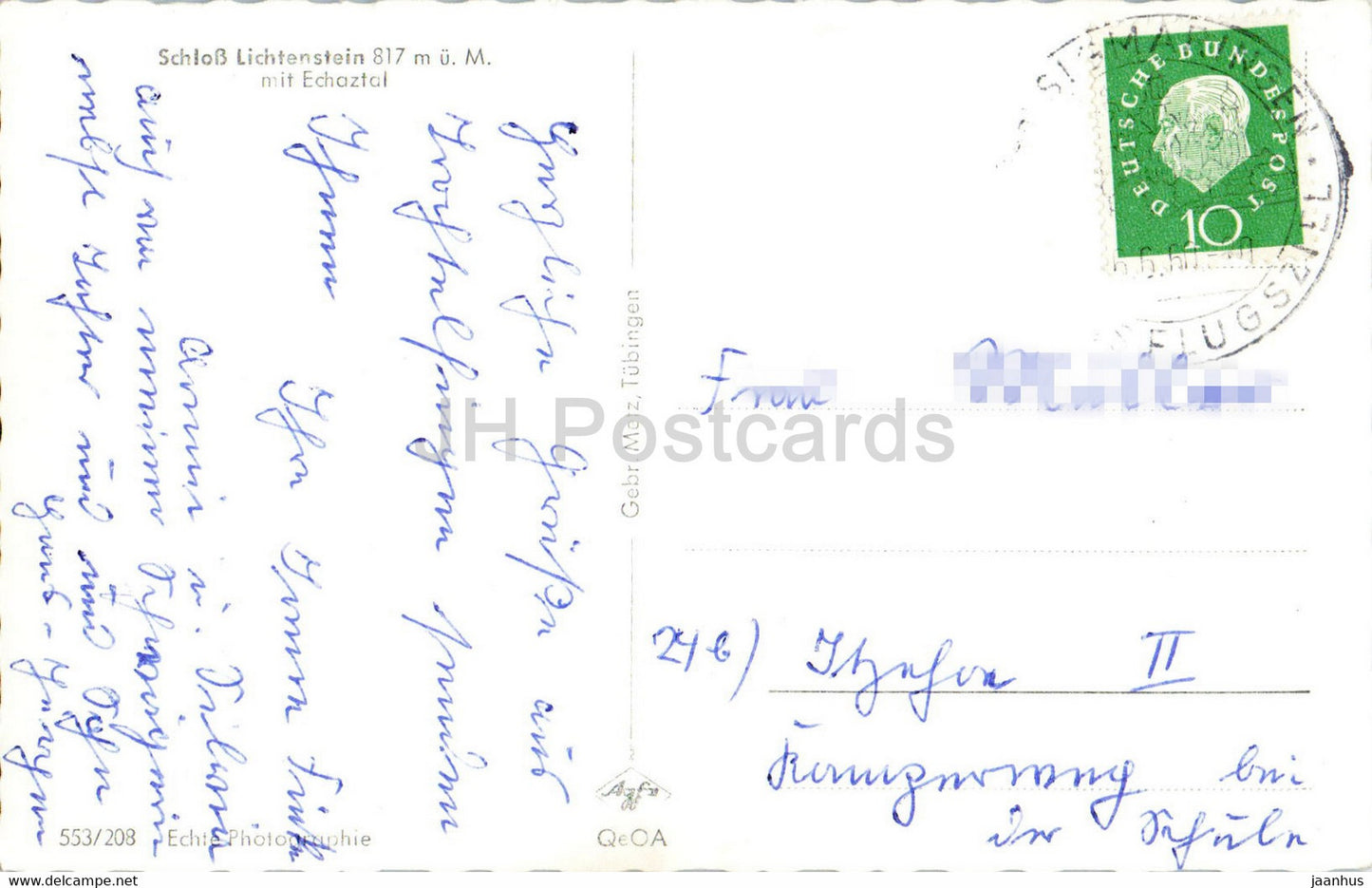 Schloss Lichtenstein 817 m - Echatztal - castle - old postcard - 1960 - Germany - used