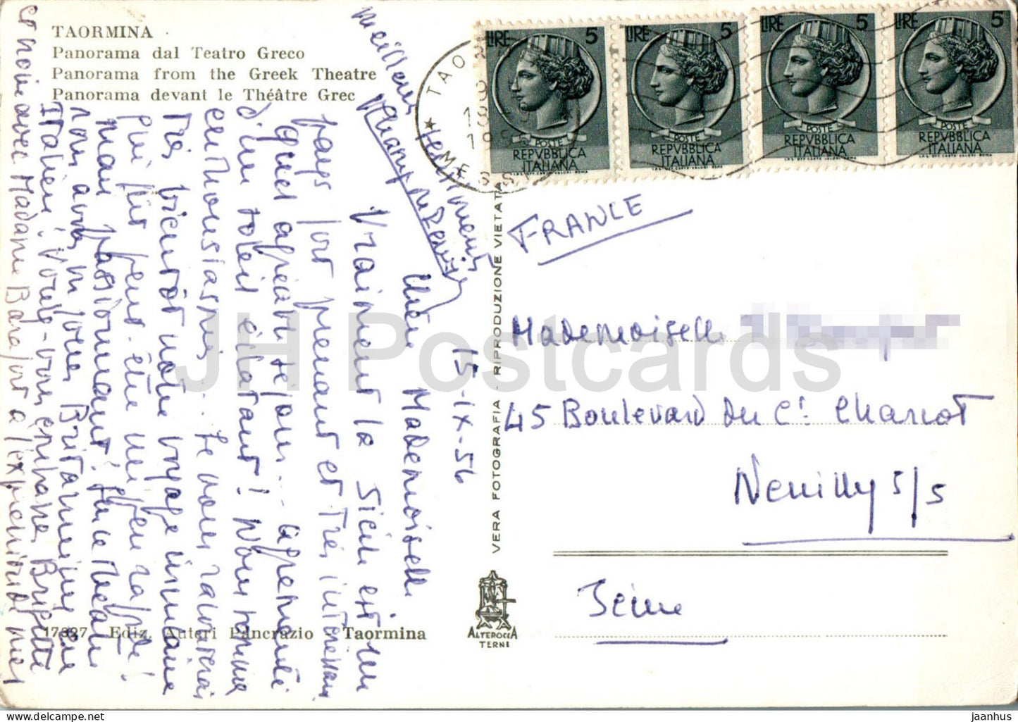 Taormina - Panorama dal Teatro Greco - Panorama du théâtre grec - monde antique - carte postale ancienne - 1956 - Italie - utilisé