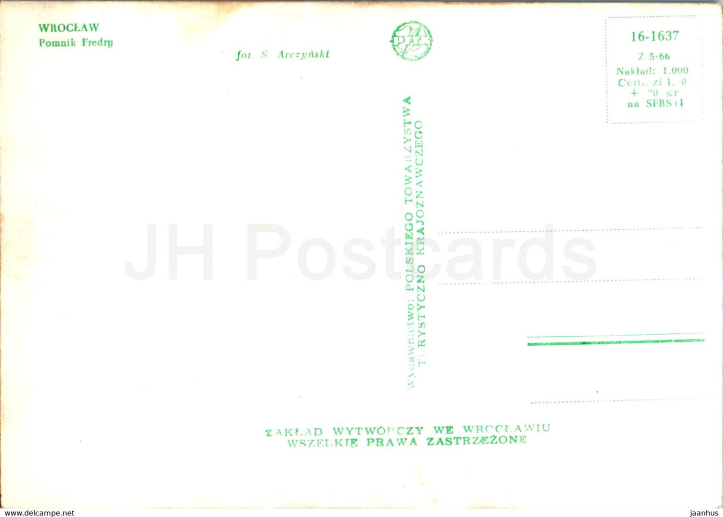 Wroclaw - Pomnik Fredry - monument à Fredry - carte postale ancienne - Pologne - inutilisé