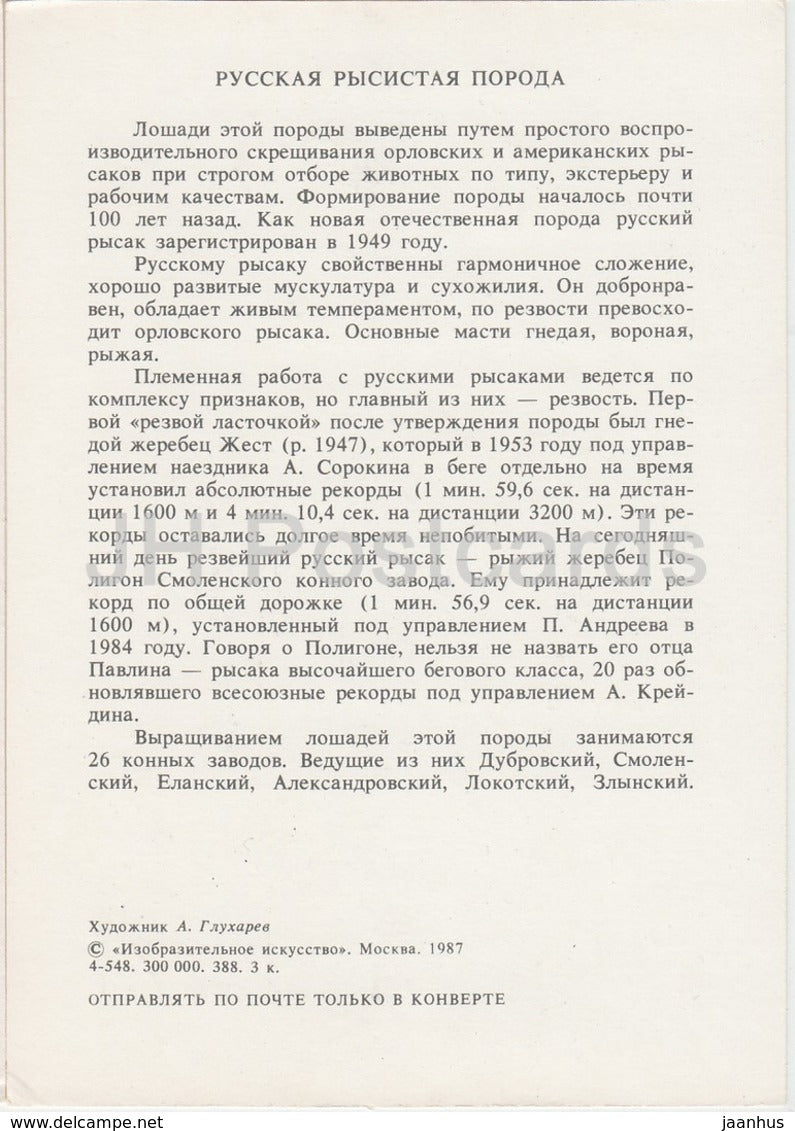 Russian Trotter Horse - illustration by A. Glukharev - horses - animals - 1988 - Russia USSR - unused - JH Postcards