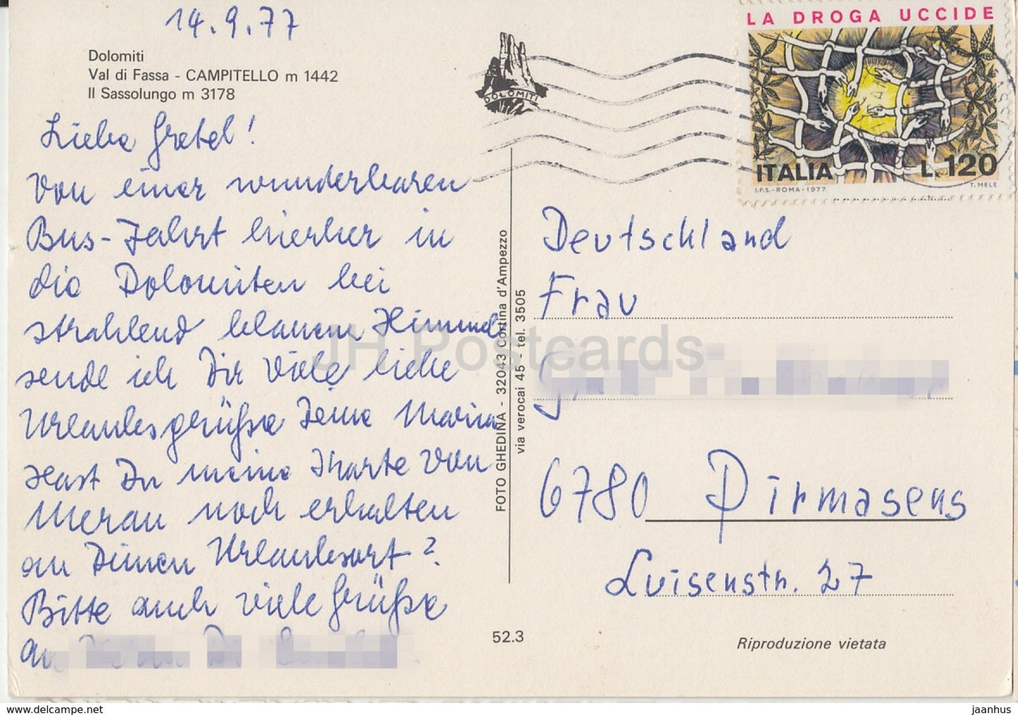 Dolomiti - Val di Fassa - Campitello 1442 m - Il Sassolungo 3178 m - Italy - 1977 - used