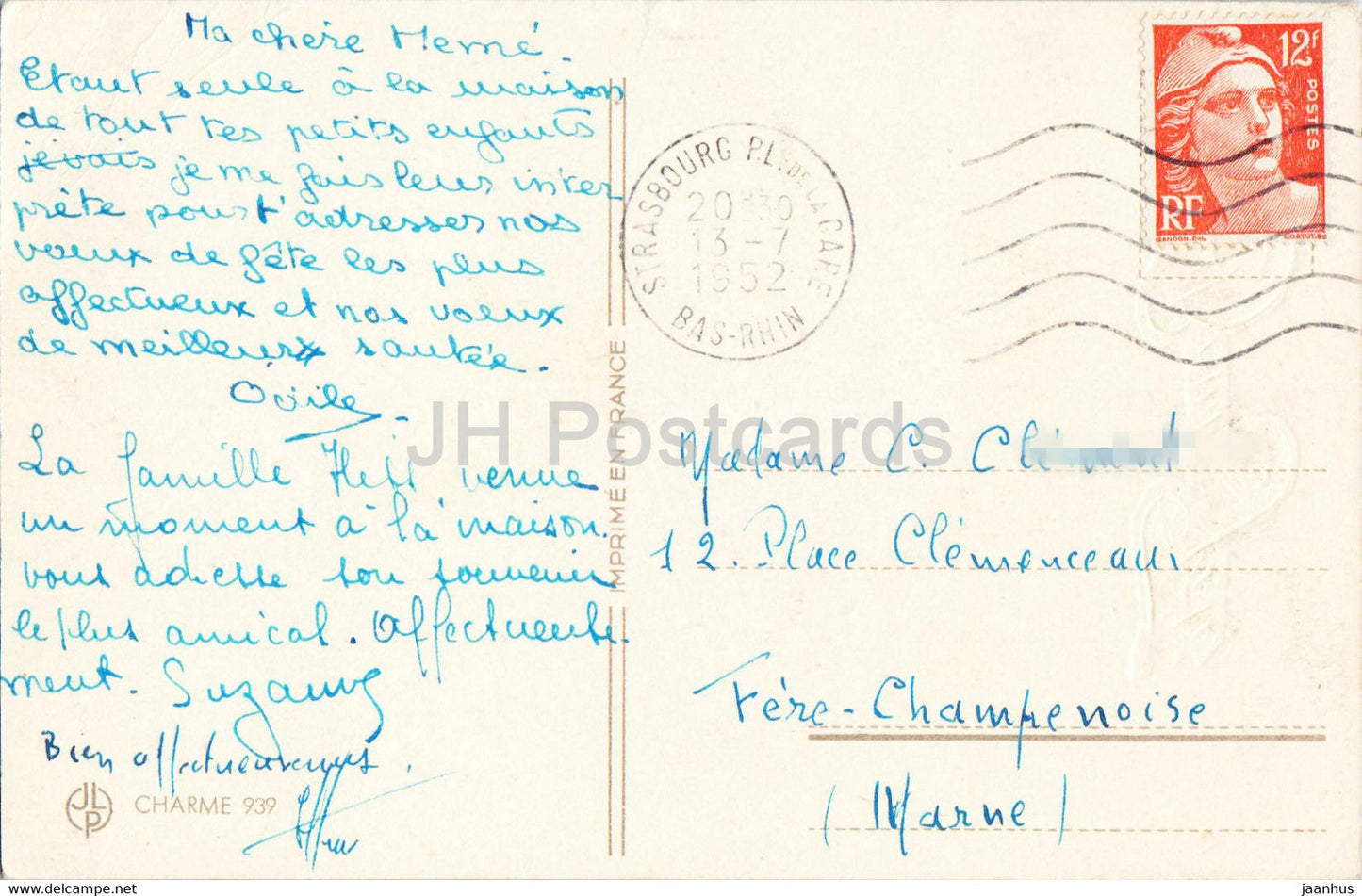 Geburtstagsgrußkarte – Bonne Fete – Nelke – Blumen – Charme – 939 – alte Postkarte – 1952 – Frankreich – gebraucht