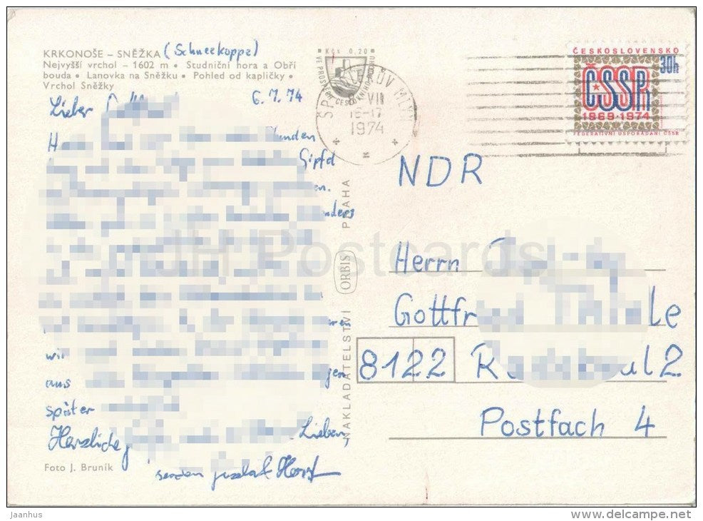 Snezka peak - Krknose mountain - The highest peak - cableway - chapel - Czechoslovakia - Czech - used 1974 - JH Postcards