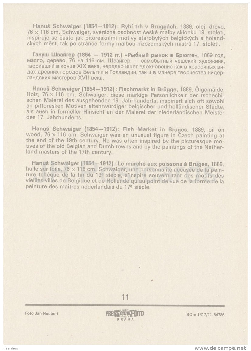 painting by Hanus Schwaiger - Fish Market in Brugges , 1889 - Czech art - large format card - Czech - unused - JH Postcards