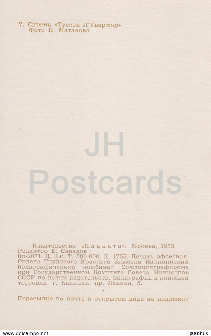 Toussaint Louverture - Lilac - Flowers - 1973 - Russia USSR - unused