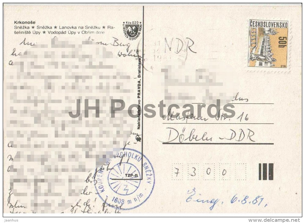 Krkonose - Snezka mountain - cable car - peat bog Upy - Czechoslovakia - Czech - used 1981 - JH Postcards