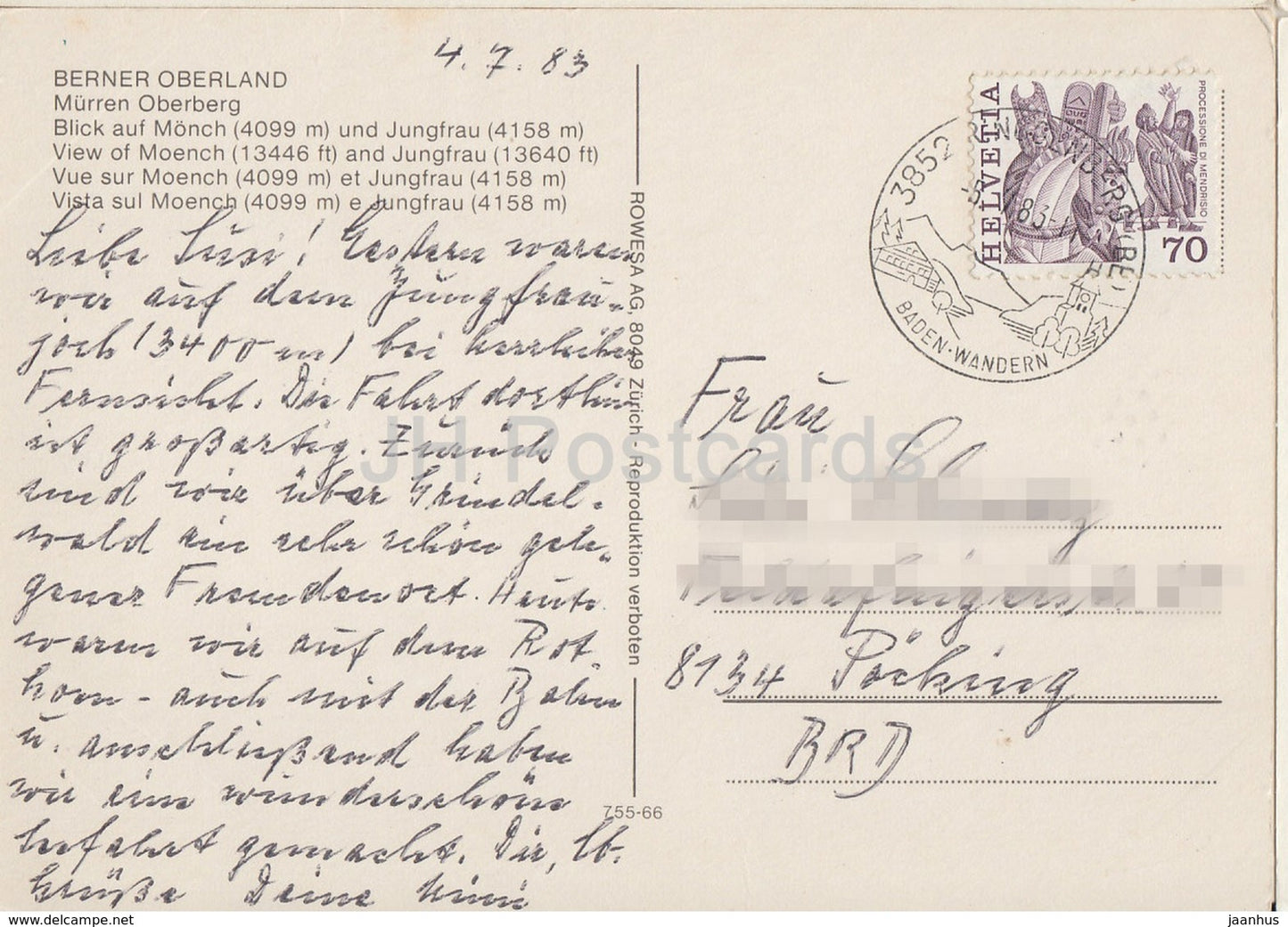 Berner Oberland - Murren Oberberg - Monch - Jungfrau - 1983 - Switzerland - used