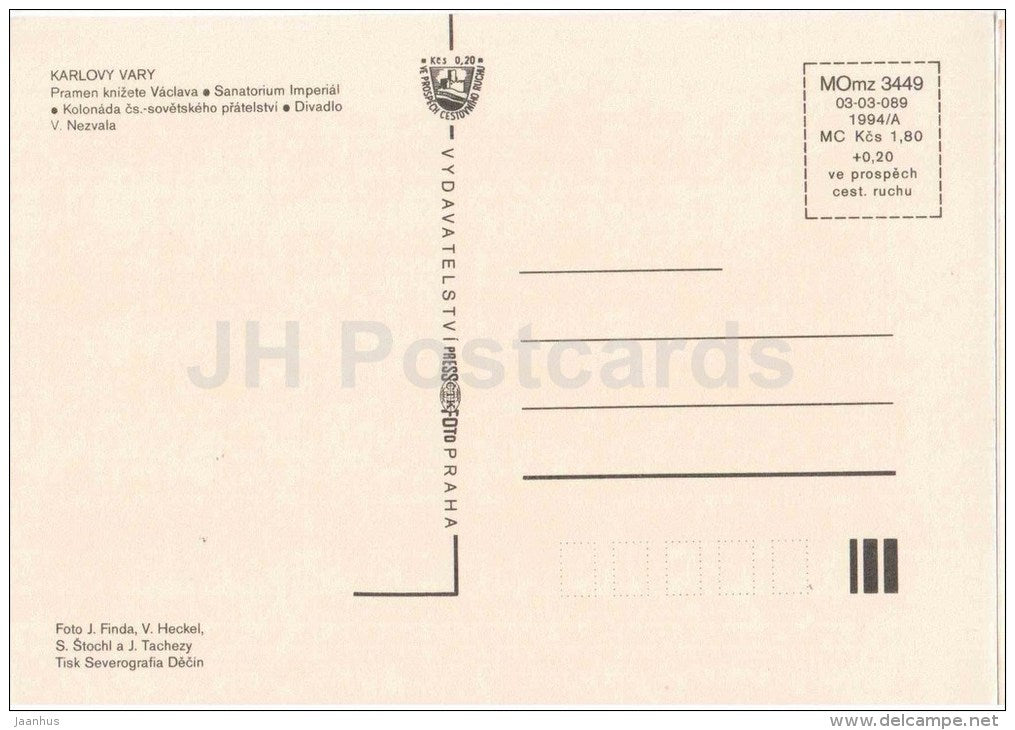 Karlovy Vary - Karlsbad - spa - Prince Wenceslas spring - sanatorium Imperial - theatre Czechoslovakia - Czech - unused - JH Postcards