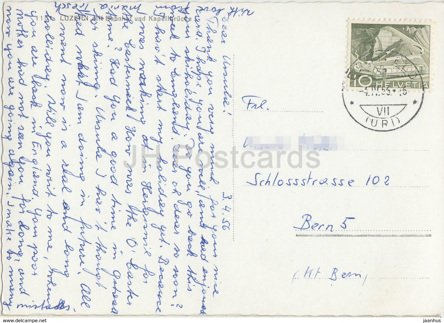 Luzern - Lucerne - mit Bahnhof und Kapellbrucke - bridge - 1161 - 1956 - Switzerland - used