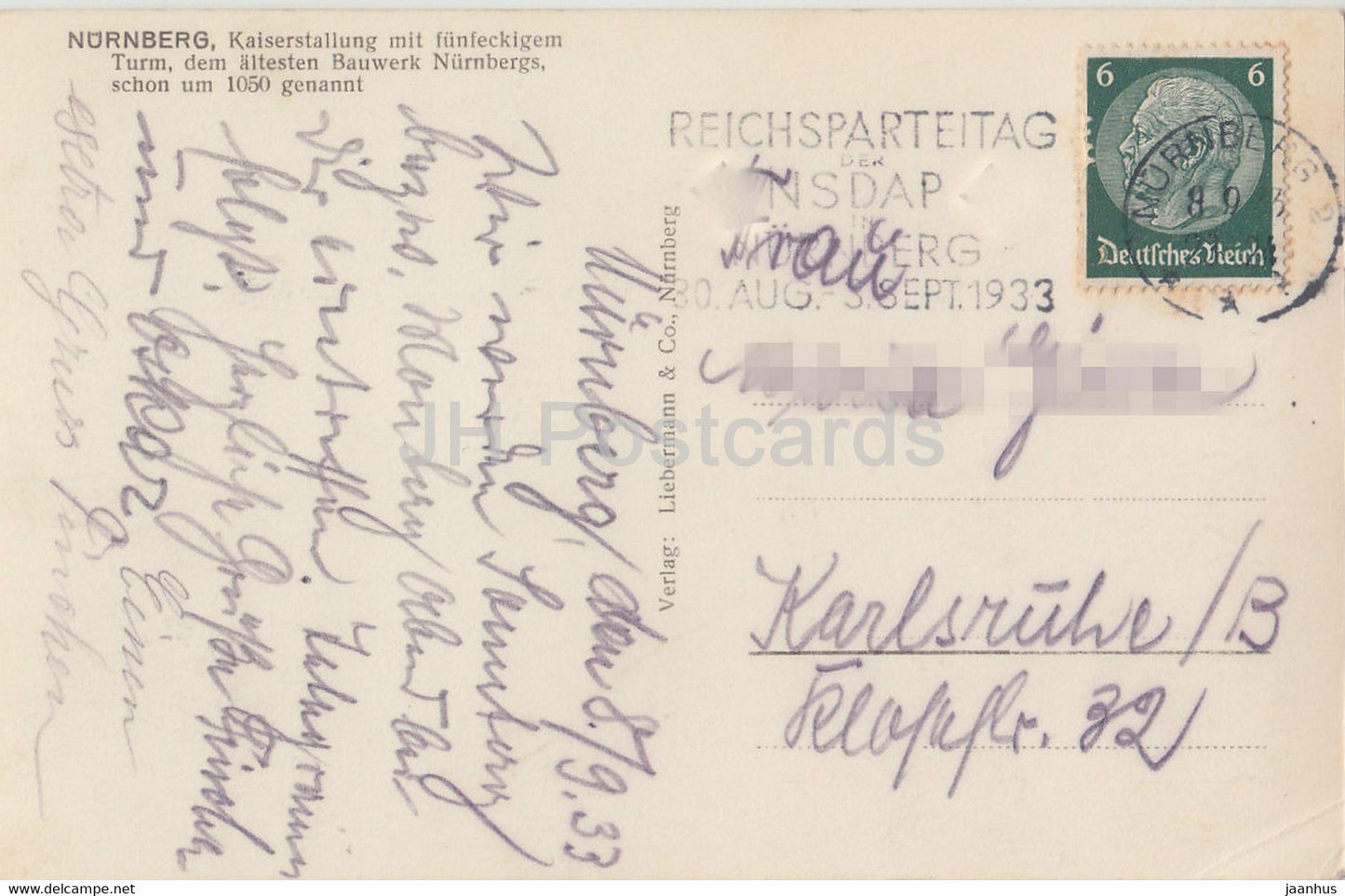 Nürnberg - Kaiserstallung mit fünfeckigem Turm - Reichsparteitag Nürnberg - 1933 - alte Postkarte - 1933 - Deutschland - gebraucht