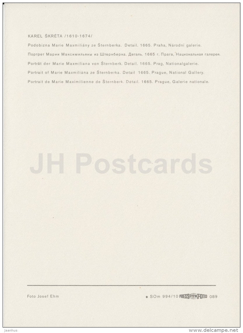 painting by Karel Skreta - Portrait of Marie Maximiliana ze Sternberka - Czech art - large format card - Czech - unused - JH Postcards