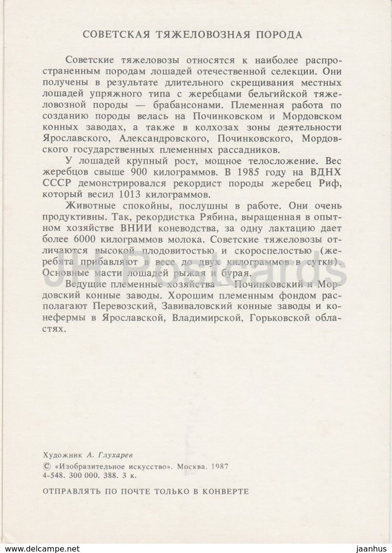 The Soviet Heavy Draft Horse - illustration by A. Glukharev - horses - animals - 1988 - Russia USSR - unused - JH Postcards