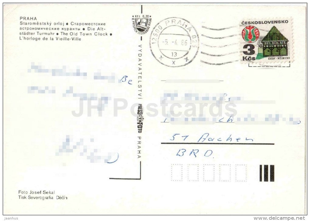 The Old Town Clock - Praha - Prague - Czechoslovakia - Czech - used 1986 - JH Postcards