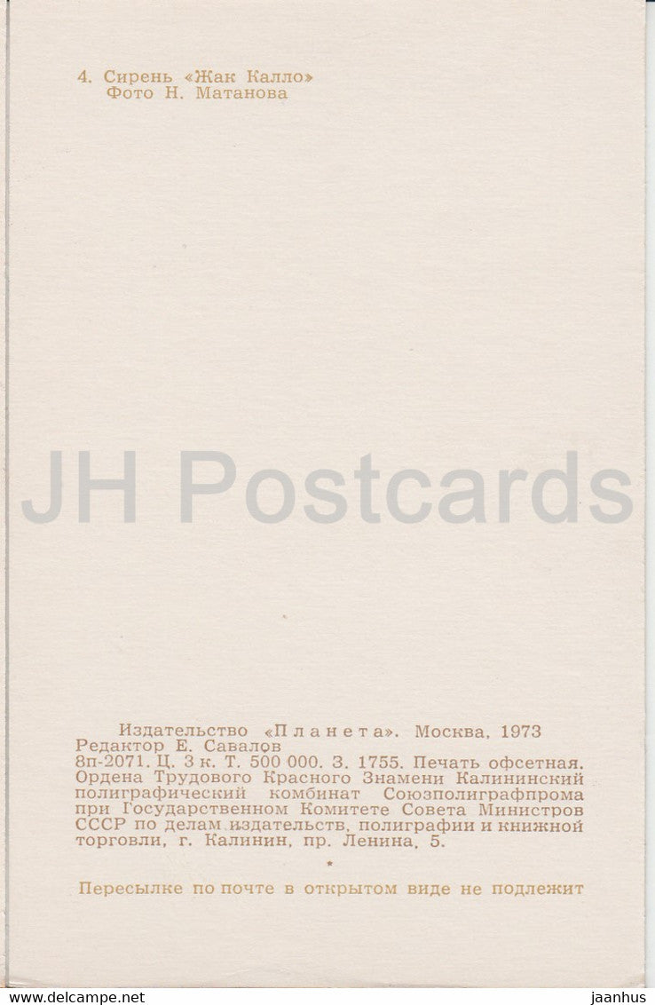 Jacques Callot - Lilac - Flowers - 1973 - Russia USSR - unused