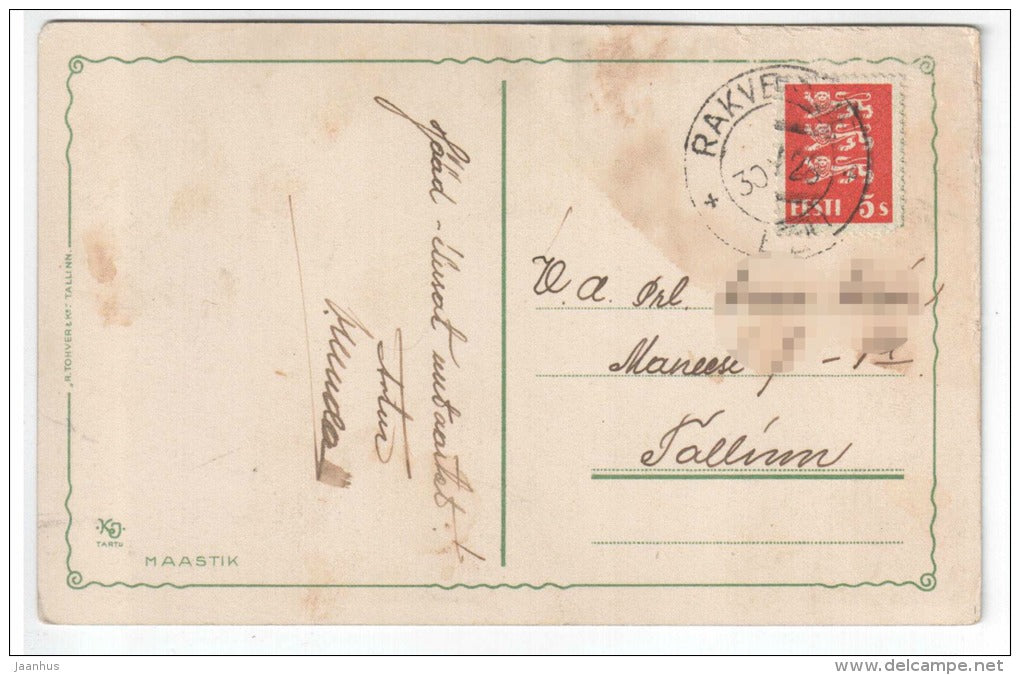 river pine forest - landscape - KJ Tartu - old postcard - circulated in Estonia 1928 , Rakvere - used - JH Postcards