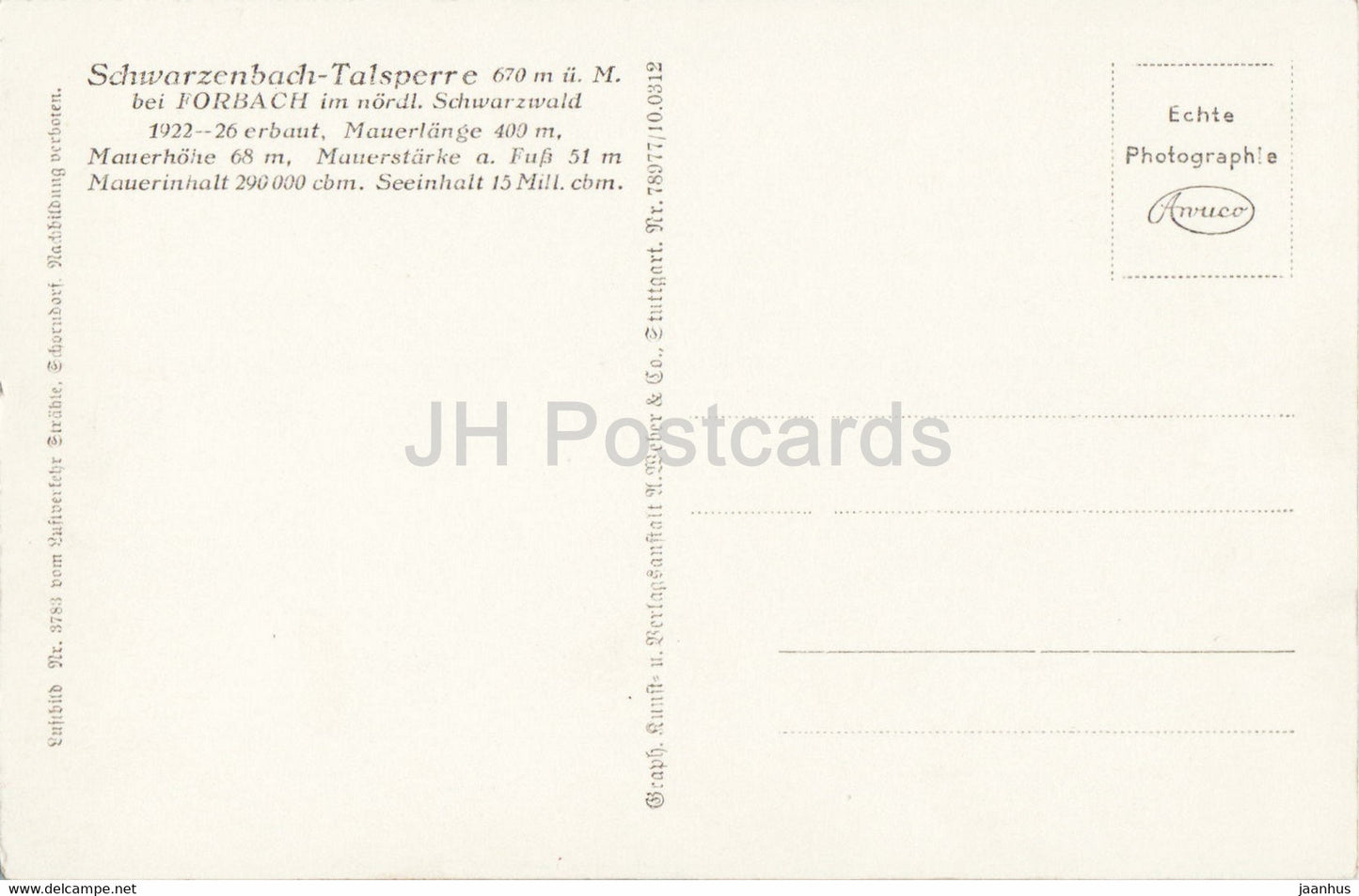 Schwarzenbach Talsperre vom Flugzeug aus - old postcard - Germany - unused