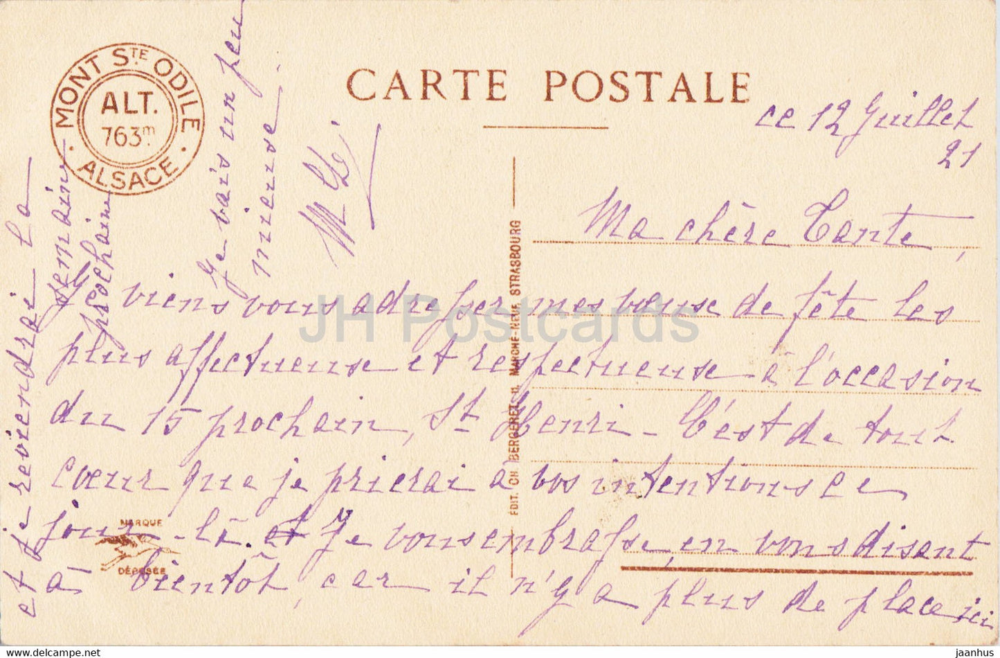 Mont Sainte Odile 763 m - La Grotte de ND de Lourdes - 31 - alte Postkarte - 1921 - Frankreich - gebraucht