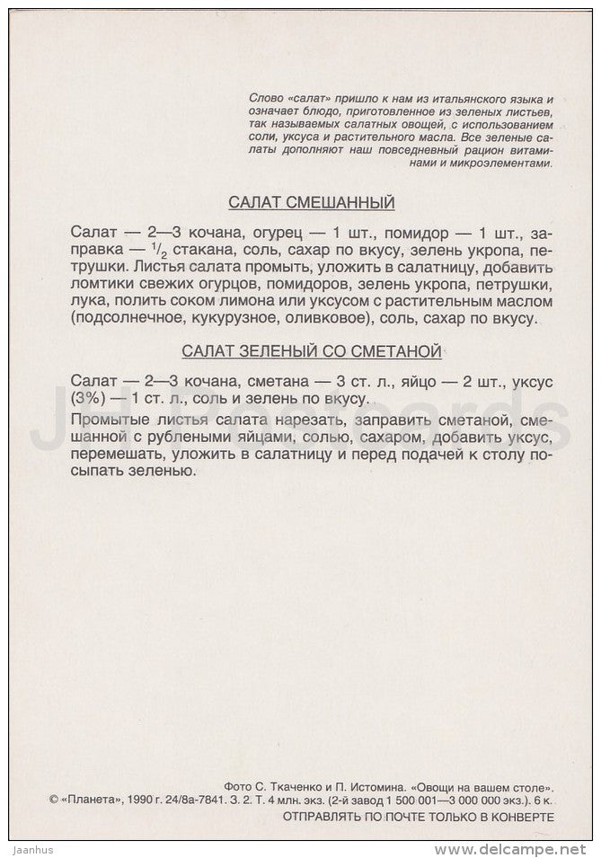 Green Salad - Vegetable Dishes - recipes - 1990 - Russia USSR - unused - JH Postcards