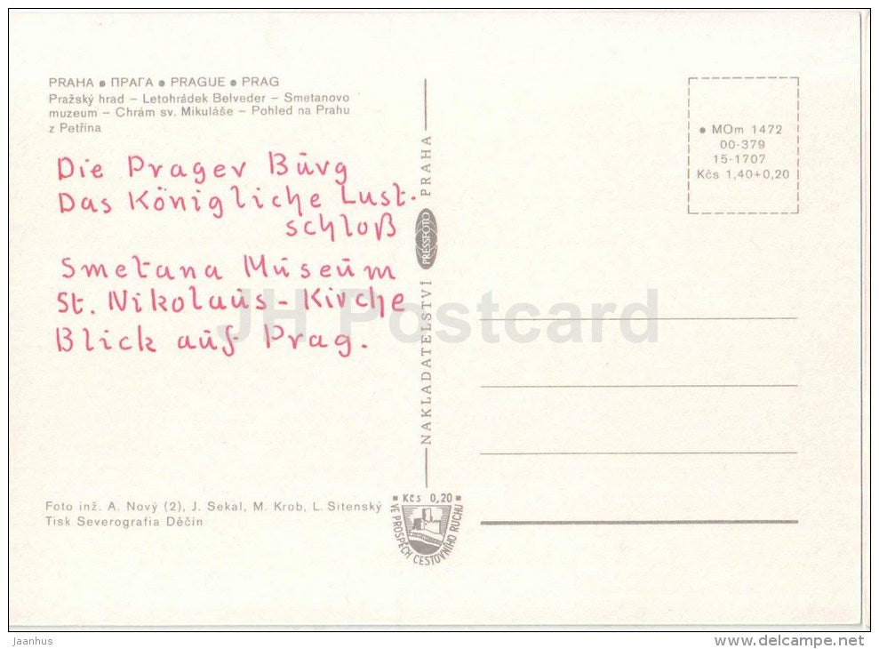 Praha - Prague - Prague Castle - Belveder - Smetanovo museum - St. Nicholas cathedral - Czechoslovakia - Czech - used - JH Postcards