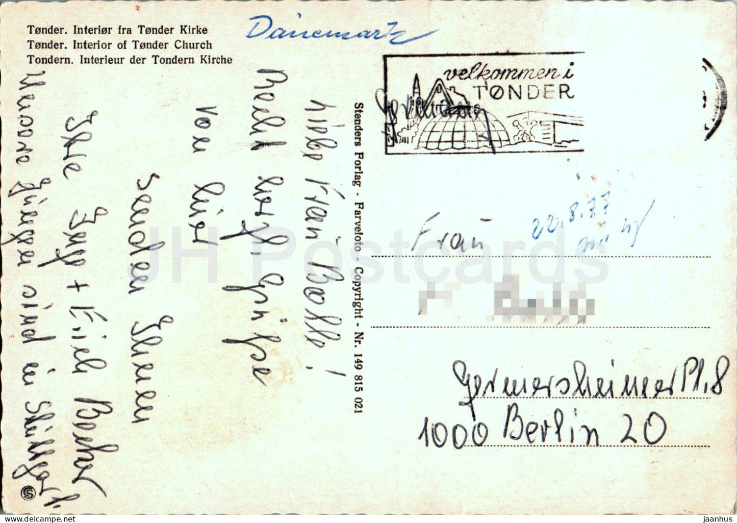 Tonder – Innenraum von Tonder Kirke – Kirche – 149 – 1977 – Dänemark – gebraucht