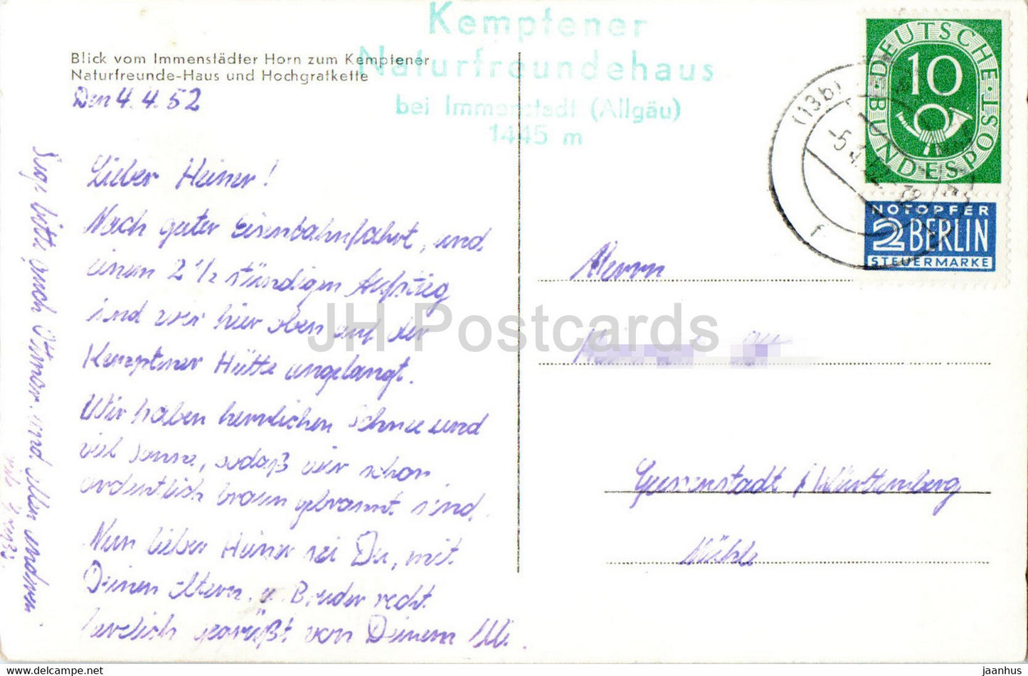 Blick vom Immenstadter Horn zum Kemptener Naturfreunde Haus - carte postale ancienne - 1952 - Allemagne - utilisé