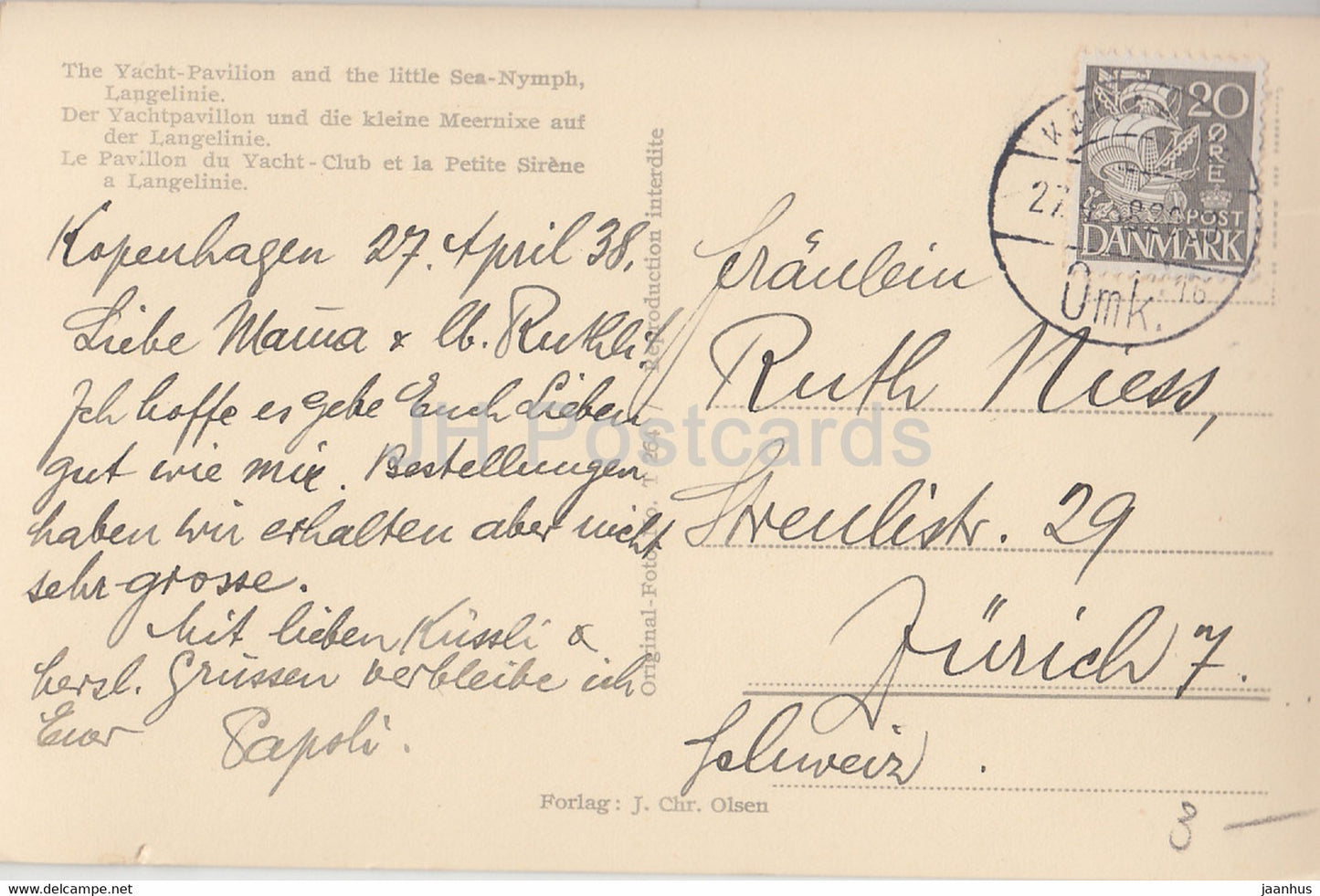 Copenhagen - The Yacht Pavilion and the little Sea Nymph Langelinie - boat - old postcard - 1938 - Denmark - used