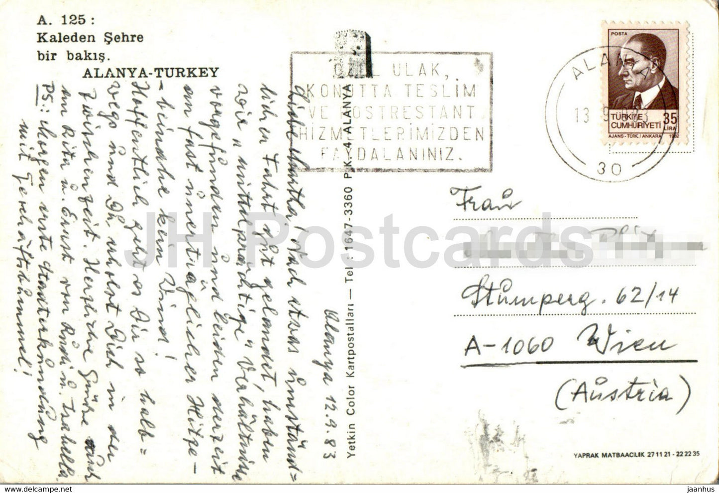 Alanya - Kaleden Sehre bir bakis - A view from the castle to the city - 1 - 1983 - Turkey - used