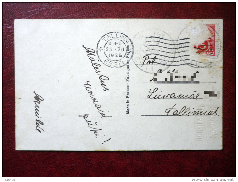 Christmas Greeting Card - man with roses - YSA 0726 - circulated in Estonia 1928 , Tallinn - France - used - JH Postcards