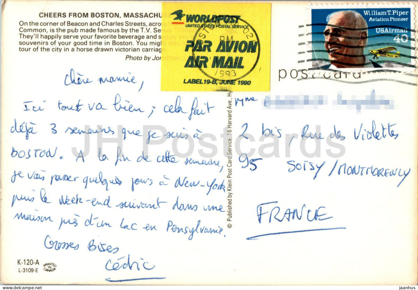 Cheers from Boston - coin des rues Beacon et Charles - calèche - 1993 - États-Unis - utilisé