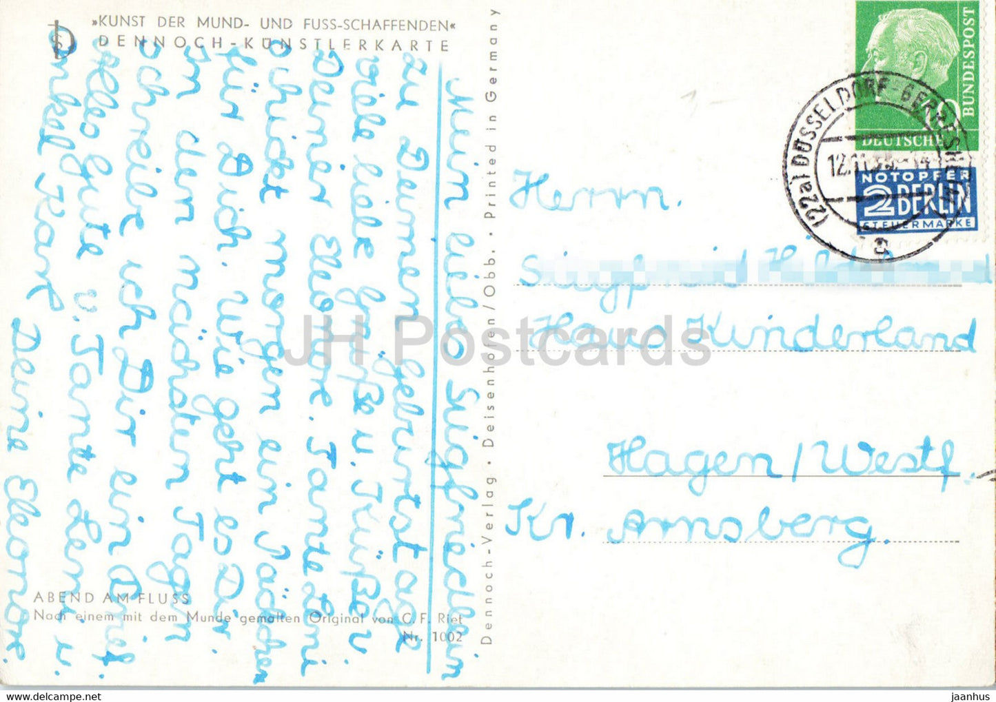 painting - Abend am Fluss - Kunst der Mund und Fuss Schaffenden - old postcard - German art - Germany - used